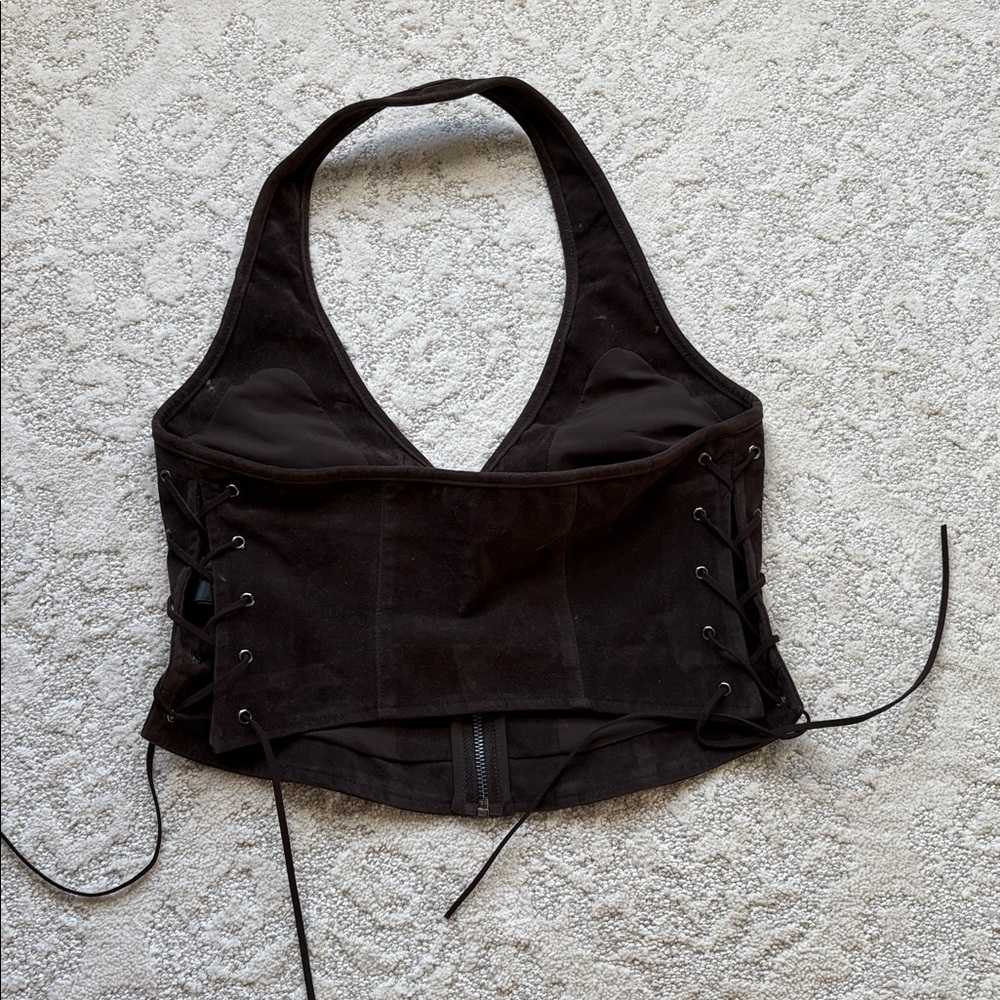 Brown Faux Suede Leather Zip-Up Halter Vest - Picture 3 of 6